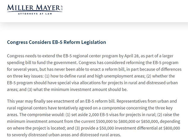 国会议员致力诚意谈判，力争428前实现EB-5改革